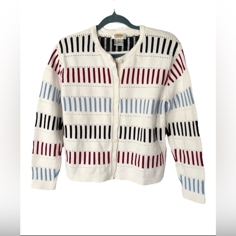 Talbots Cream Openwork Cardigan with Red, Blue & Black Stripes